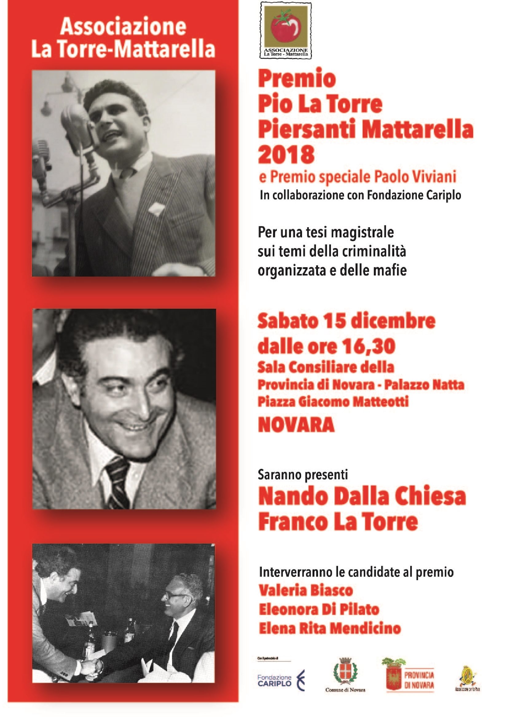 Tre finaliste per la quarta edizione del Premio La Torre-Mattarella