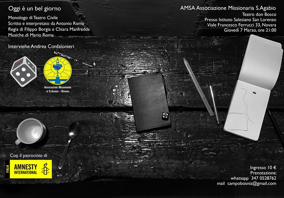 Monologo “Oggi è un bel giorno” al teatro dei Salesiani per aiutare i progetti di Amsa in Bosnia, Togo e Costa d’Avorio