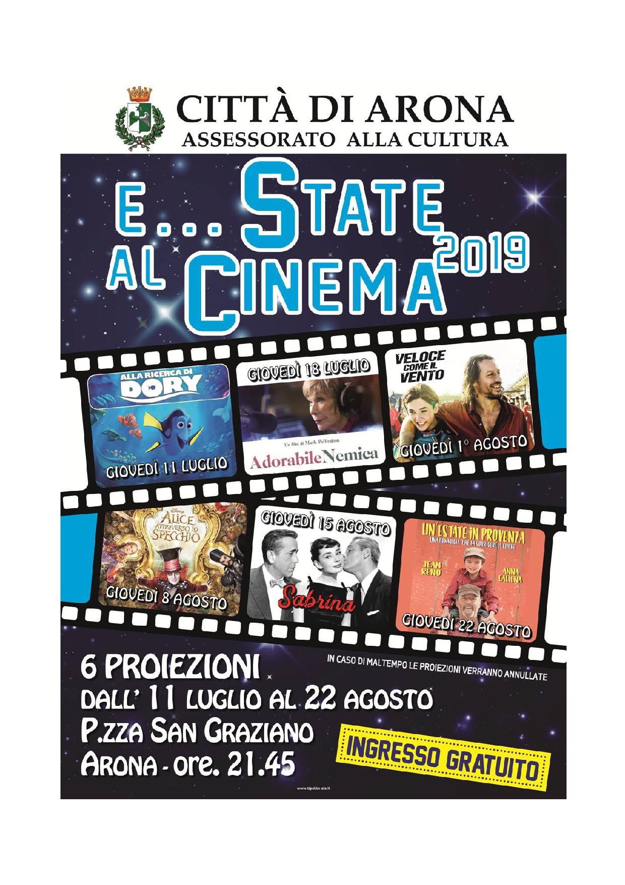 “E…state al cinema” ad Arona da giovedì 11 luglio